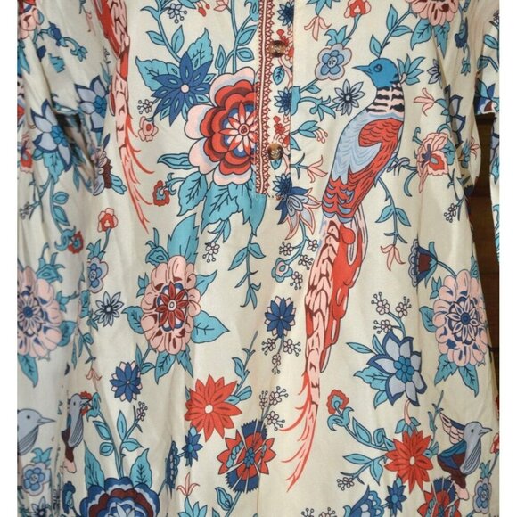 NWT Women M Tunic Blouse Shirt Colorful Peacock Print Loose Button Up Collarless - Picture 4 of 15